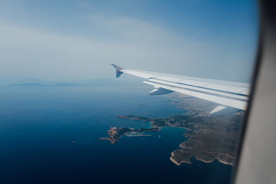 View of the coastline from an airplane window